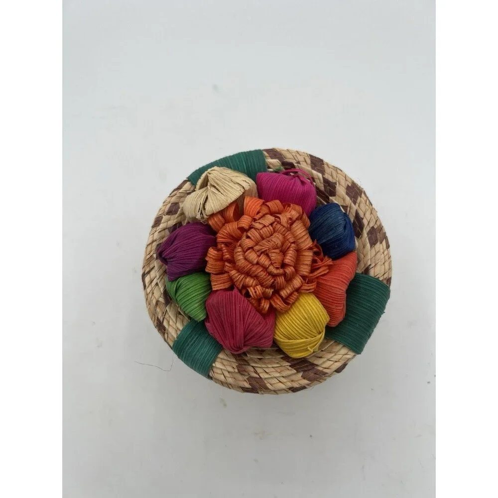 Mexican Tenate Woven Basket Trinket Box Raffia Flower Lid 4.5” Folk Art